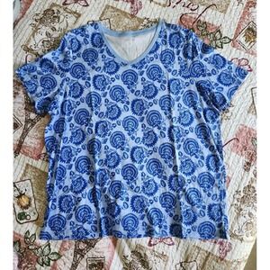 KIM ROGER Women's V-neck Blouse Top Floral Short Sleeve 100% Cotton Blue Size XL